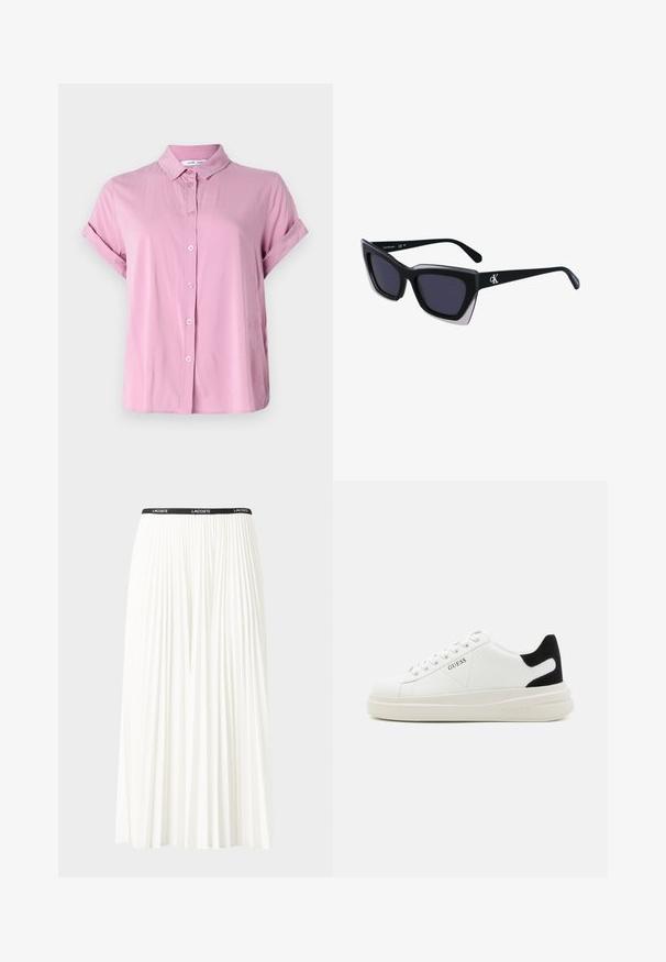 Šviesiai rožinė, trumpomis rankovėmis, mygtukais segama marškinėlių. Su smailiu apykakle ir sukeltomis rankovėmis, pasižymi glotnia medžiaga ir laisvu siluetu.; Pleated balta sijonas su juodu elastiniu juosmeniu, ant kurio yra "LACOSTE" logotipas. Vidutinio ilgio dizainas su švelnia tekstūra.; Baltos odinės sportbačiai su storu baltu padu, juodu nubuko kulno akcentu ir iškilmingu logotipu šone. Su raišteliais, turinčiais šešis akinius.; Juodos didelės saulės akinių su geometrine forma, turinčiais tamsius objektyvus ir kontrastingą pilką detalę ant rėmelio. Logotipas ant šalon.