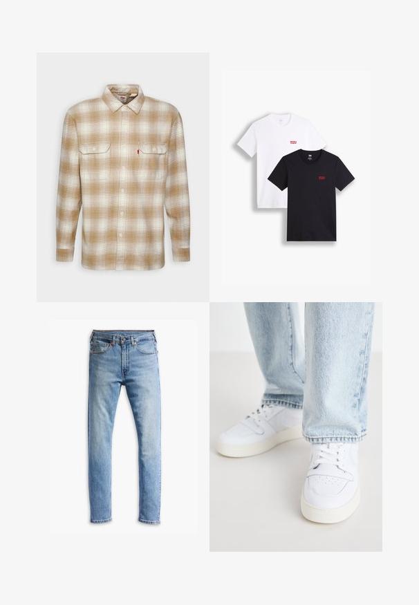 Levi's® JACKSON - Ing - tyrone iced coffee; Két rövid ujjú póló: az egyik fehér, a másik fekete. Mindkettő pamutból készült, a mellkason piros Levi's logóval. Egyszerű, környakú kialakítás.; Világoskék farmernadrág egyenes szabásban, öt zsebbel, gombos záródással és finom kopással az anyagon.; Fehér bőr alacsony szárú sportcipők perforált orral, lapos fűzőkkel és minimalista kialakítással. Világoskék farmernadrággal párosítva.