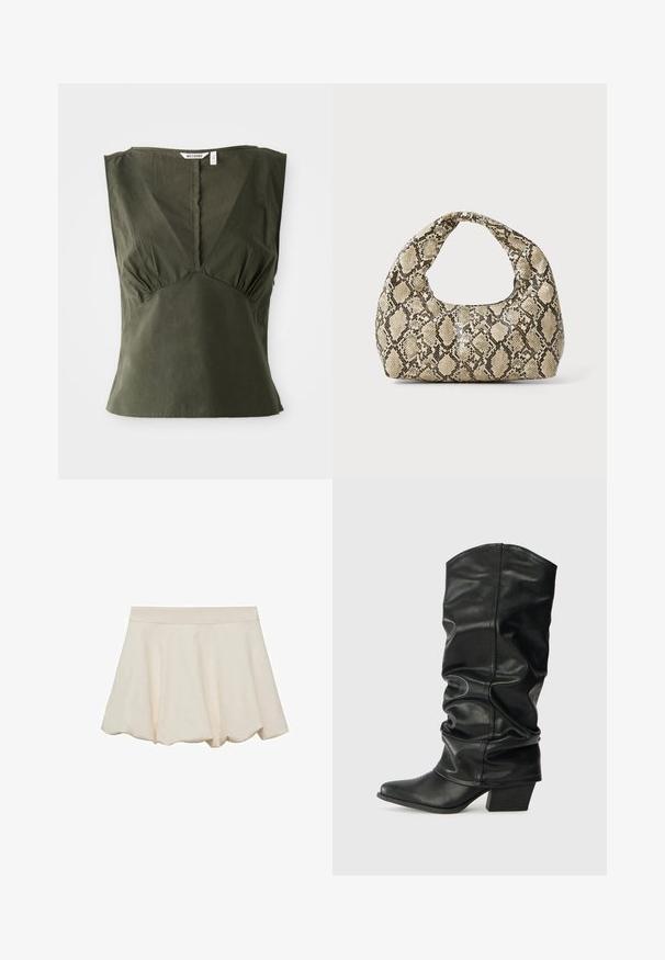 Maslinasto zelena majica bez rukava od pamuka, s V-izrezom, nabrano detaljno na bočnim stranama i ravnim rubom.; Suknja boje kreme s mekom, glatkom teksturom, lepršavim dizajnom i obrubom s valovima. Ima široku, elastičnu struk koja osigurava udobnost.; Crne kožne čizme do koljena s opuštenim dizajnom, šiljastim vrhom i debelim potplatom, s glatkom teksturom i minimalnim šavovima.; Torba s uzorkom zmije s zakrivljenom drškom. Izrađena od teksturiranih materijala u bež i smešnim tonovima, sa karakterističnim dijamantnim uzorkom.