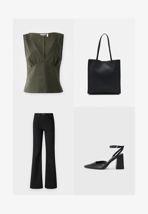 Top fără mâneci de culoare verde măsliniu, confecționat din bumbac, cu un decolteu în V, detalii pliate pe laterale și un tiv drept.; Jeans negre evazați din denim cu talie înaltă, dotati cu cinci buzunare, închidere cu buton în față și fermoar, textură netedă.; Pantofii cu toc ascuțit din piele neagră, cu breteaua pentru glezne și toc gros. Textură netedă, design elegant și estetică minimală.; Geantă tote neagră din piele, cu textură netedă, formă rectangulară și două mânere lungi. Fără hardware vizibil sau ornamente.
