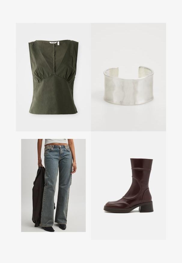 Top sans manches vert olive en coton, présentant un décolleté en V, des détails froncés sur les côtés et un ourlet droit.; Jean en denim bleu clair avec une coupe décontractée, présentant une taille mi-haute, des coutures visibles et un design classique à cinq poches. Des chaussures noires et une veste sombre sont également présentes.; MIISTA MALENE - Bottines - brown; Zign Bracelet - silver-coloured