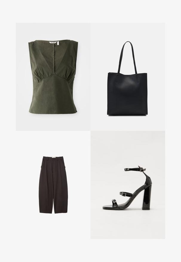 Top senza maniche verde oliva in cotone, con scollo a V, dettagli arricciati ai lati e orlo dritto.; Pantaloni neri a gamba larga realizzati in un tessuto morbido, con vita alta, pieghe frontali e tasche laterali. Design semplice senza decorazioni.; Sandali con tacco in vernice nera, con punta squadrata, cinturini alla caviglia e fibbie in argento. Presentano un tacco a blocco spesso per maggiore stabilità.; Borsa tote in pelle nera con texture liscia, forma rettangolare e due manici lunghi. Nessun hardware o decorazione visibile.