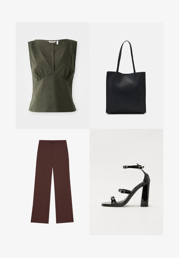 Olivi vihreä hihaton toppi, joka on valmistettu puuvillasta. Siinä on V-pääntie, sivuilla on rypytystä ja suora helma.; Housut, joissa on leveät lahkeet, valmistettu rikkaasta ruskeasta kankaasta. Ominaisuuksiin kuuluu nappisulku, kaksi etutaskua, sileä pinta ja siistit linjat.; Musta kiiltävä korkokenkä sandaalit neliönmuotoisella varpaalla, nilkkaremmillä ja hopeisilla soljilla. Varustettu tukevalla lohkokorkealla vakauden takaamiseksi.; Mustapahkainen kangaskassi, jossa on sileä pinta, suorakaiteen muotoinen ja kaksi pitkää kahvaa. Ei näkyvää metalliosaa tai koristeita.