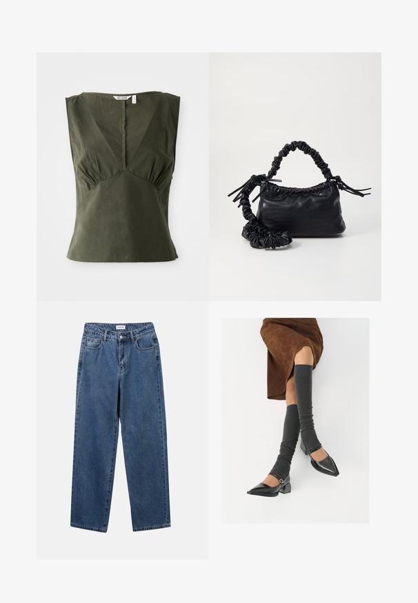 Olíva zöld, ujjatlan pamut felső, V-kivágással, oldalt gyűrt részletekkel és egyenes aljú szabással.; Klasszikus kék farmernadrág egyenes szárú dizájnal, öt zsebbel és gombos zárással. Közepes mosású és strapabíró textúrával rendelkezik.; Fekete lakk bőrből készült, hegyes orrú cipők, tömbsarkúakkal és bokapánttal, szürke bordás lábszármelegítőkkel és barna velúr szoknyával párosítva.; Fekete műbőr kézi táska krokodil bőr textúrával, összehúzható tetejű és gyűrt pánttal. Lágy és kompakt dizájnúnak tűnik.