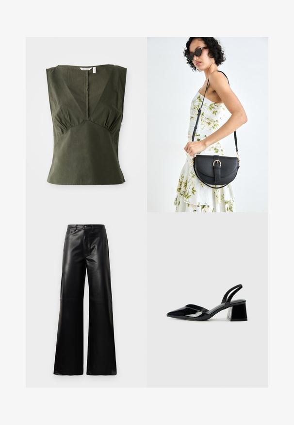 Oliivroheline ilma varrukatop, mis on valmistatud puuvillast ning millel on V-kujuline kaelus, külgedel volangid ja sirge äär.; Mustad talje laiad jalad kunstnahast püksid esipaneeli nööbi ja lukuga, vöödega ja küljetaskutega valge tausta peal.; Mustad musta lakknahk kingad, millel on terav varvas ja geomeetriline plokkkonts. Omab elegantselt minimalistlikku disaini ja sujuvat tekstuuri.; Mustmust mustraha kõverate joontega, eemaldatava rihmaga ja kuldsete detailidega. Kotil on klapp, millel on pandladetail.