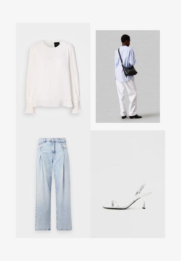 Hvit langermet bluse med rund hals, plissert skuldre og juvelbesettelse ved mansjettene, med en glatt, satinvogn tekstur.; Lyseblå denimjeans med høy livlinje, vide ben, to sidelommer og plisserte detaljer. Myk tekstur med en falmet finish.; Sølv patentlær slingback høyhælt sandal med en smal tårem, justerbar spenne og en slank hæl.; Svart lær skulderveske med en myk tekstur, trekantet form og justerbar stropp, kombinert med en lyseblå stripete skjorte og hvite bukser.
