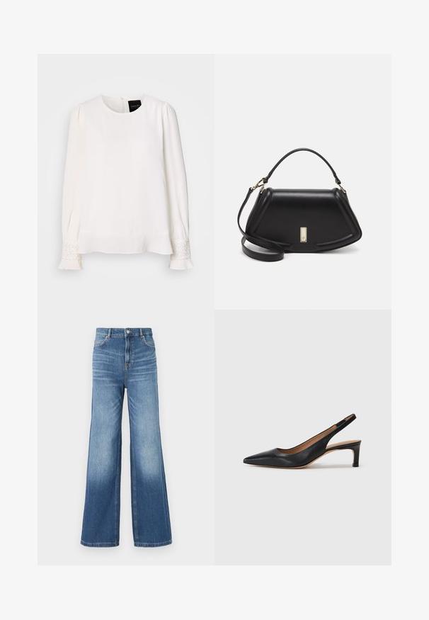 Blusa blanca de manga larga con cuello redondo, hombros plisados y acentos joya en los puños, con una textura suave similar a la seda.; Jeans de mezclilla anchos en un azul claro, con una cintura alta, que cuentan con cinco bolsillos, trabillas para el cinturón y un sutil efecto de desgastado hacia el dobladillo.; Zapato de tacón tipo slingback de cuero negro con punta afilada, tacón bajo y una textura suave. Cuenta con una delgada correa ajustable para un ajuste seguro.; Bolso de mano de cuero negro con un diseño estructurado, que presenta una forma recortada, asa superior y acentos en dorado. Correa de hombro ajustable incluida.
