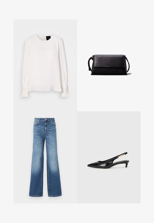 Baltā garo piedurkņu blūze ar apaļu dekoltē, plisētām plecu daļām un rotājumiem pie aprocēm, ar gludu, samta līdzīgu tekstūru.; Gai ziliņi džinsi ar plašu kāju piegriezumu un augstu jostasvietu, ar piecām kabatām, jostas cilpiņām un maigu izbalējušu efektu tuvāk malai.; Melnas ādas slingback zābaki ar smailu purngalu, ar šauru papēdi un zelta krāsas akcentu uz regulējama siksniņas. Gluda tekstūra.; Melna ādas maku ar taisnstūra formu, gludu tekstūru, platu aizdari un nelielu rokturi sānos. Satur diskretu logo.