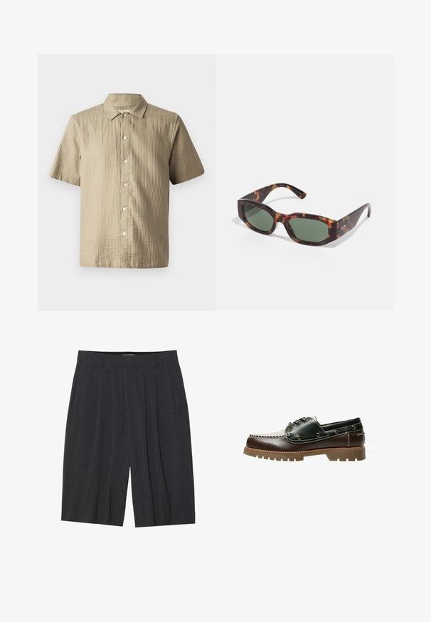 Short-sleeve shirt in light beige, textured fabric. Features a button-down front, pointed collar, and six buttons along the placket.; White sleeveless tank top made of ribbed cotton. Features a rounded neckline and smooth texture. Label reads "PULL&BEAR."; Dark grey pleated shorts made from textured fabric, featuring a waistband and a straight-leg cut, with no visible pockets or detailing.; Brown and green leather boat shoe with a white stitched design, round laces, and a textured rubber sole. Durable construction with metal eyelets.; Tortoiseshell sunglasses with rectangular green lenses, wide frame, and thick temples. Features a sleek design and a smooth plastic texture.; Multi-layered necklace featuring silver chains and pearl beads with charms, including keys and a square pendant. Smooth texture with shiny finish.