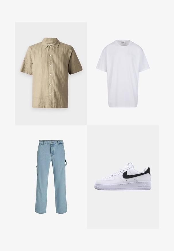 Kortermet skjorte i lys beige, teksturert stoff. Har knapper foran, spiss krage og seks knapper langs stolpen.; Hvit bomull t-skjorte med korte ermer, rund utringning, avslappet passform, og ingen synlige logoer eller mønstre. Glatt tekstur og minimalistisk design.; Lyseblå denim cargo bukser med en avslappet passform, med sideløkker for feste og frontlommer, som viser en falmet tekstur.; Hvit lær sneakers med en teksturert svart Swoosh, flate lisser og en gummisåle med et rillemønster. "AIR" er preget på hælen.