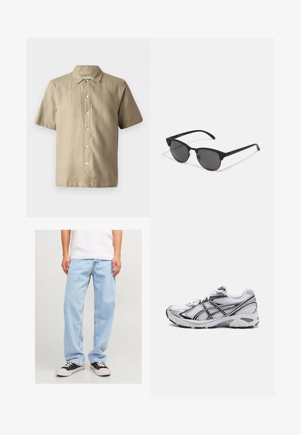 Camisa de manga curta em bege claro, com tecido texturizado. Apresenta uma frente abotoada, gola apontada e seis botões ao longo da pala.; T-shirt branca de algodão com mangas curtas, decote redondo e um corte solto. Textura suave sem padrões ou detalhes visíveis.; Calças de ganga de tom azul claro com um ajuste descontraído, apresentando um design de perna reta e costuras padrão, combinadas com ténis pretos.; Sapata atlética branca com parte superior em malha, detalhes pretos e pormenores prateados. Apresenta uma sola acolchoada e um design de atacadores para suporte.; Óculos de sol pretos com lentes redondas, acabamento mate e forma distinta de olho de gato. Braços finos com uma marcação subtil na têmpora esquerda.