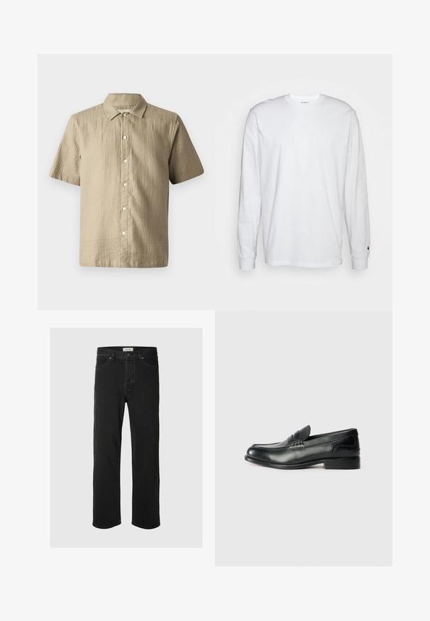 Lühikeste varrukatega shirt heledast beigest, tekstuuritud kangast. Omab nööbistatud esiosa, teravat kraed ja kuut nööpi püstiasendis.; Valge pika varrukaga T-särk, mis on valmistatud puuvillast. Ümmargune kaelus, ribaga mansetid ja väike logo vasakul varrukal. Sile tekstuur.; Mustad denim sirged püksid on varustatud klassikalise viie taskuga, nupuga kinnitamisega, minimaalse õmblusega ja pehme tekstuuriga.; Mustad mustad nahast loafers, mis on kaunistatud sileda viimistluse, õmblusdetailide ja veidi kõrgendatud kannaga.