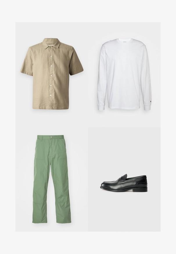 Kortærmet skjorte i lys beige, tekstureret stof. Har en knaplukning foran, spids krave og seks knapper langs knaplappen.; Hvid langærmet T-shirt lavet af bomuld. Rund halsudskæring med ribbede manchetter og et lille logo på venstre ærme. Glat tekstur.; Lysgrønne, afslappede bukser med en glat tekstur, der har sidelommer og synlige syninger. Hel længde med et lige ben-design.; Sorte læder loafers med en glat overflade, syede detaljer over vamps og en let hævet hæl.