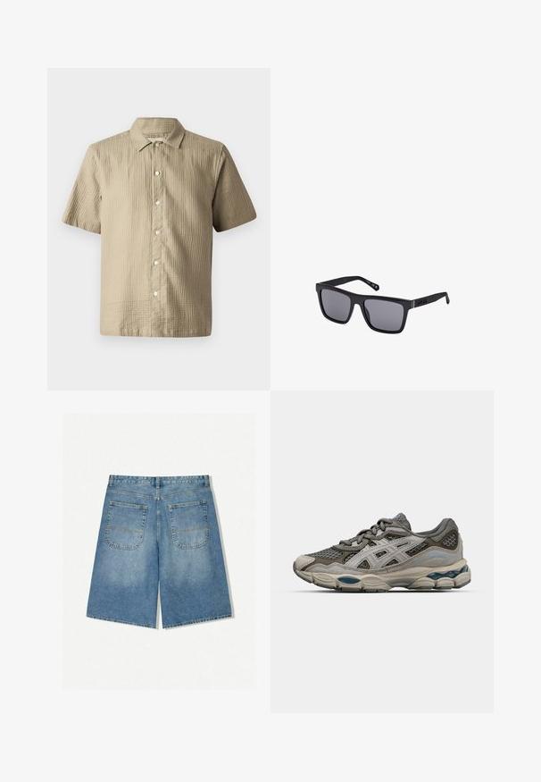 Chemise à manches courtes en beige clair, en tissu texturé. Présente une fermeture à boutons sur le devant, un col pointed et six boutons le long de la patte de boutonnage.; Shorts en denim bleu clair avec une coupe décontractée, dotés de deux poches arrière et de coutures visibles. Le tissu a une texture douce et lisse.; Chaussure de sport grise et beige avec des panneaux en mesh, texture à pois et accents argentés. Dispose d'une semelle rembourrée et d'un design à lacets.; Lunettes de soleil noires rectangulaires avec des verres teintés, une finition mate et un détail de logo sur la branche. Le design présente des bords droits et des montures épaisses.