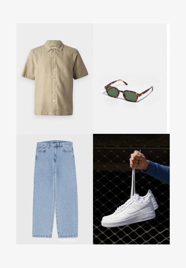Short-sleeve shirt in light beige, textured fabric. Features a button-down front, pointed collar, and six buttons along the placket.; Light blue denim jeans with straight leg design, featuring a mid-rise waist, five pockets, and a button and zipper closure.; White leather sneakers with perforations, round toe, flat sole, and thick laces, featuring a visible swoosh logo and "AIR" on the heel.; Tortoiseshell sunglasses with green lenses, featuring an octagonal shape and slim, curved arms. Material has a glossy finish.