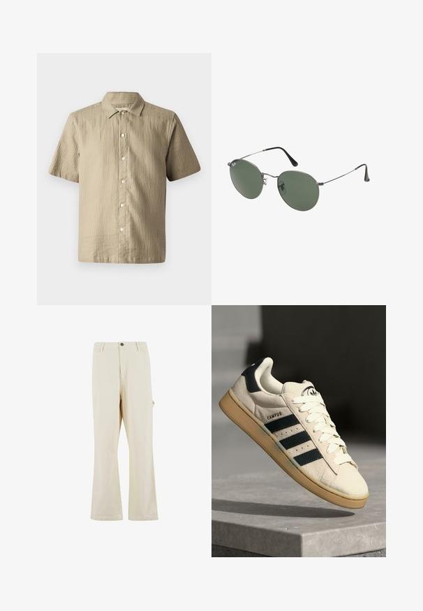 Camisa de manga corta en beige claro, de tejido texturizado. Presenta un cierre de botones en la parte delantera, un cuello puntiagudo y seis botones a lo largo de la tapa.; Pantalones anchos de color beige, fabricados en una mezcla de algodón, con cierre de botón. Presentan bolsillos laterales y una textura sutil. Detalles de costura visibles.; Zapatilla de ante beige con tres rayas azul marino, cordones blancos y una suela de goma color cuero. Presenta un logo en la lengüeta y el texto "CAMPUS".; Gafas de sol con marco de metal y lentes ovalados verdes. Marco delgado de metal plateado y puntas de las orejas negras. Diseño minimalista, sin logotipos visibles.