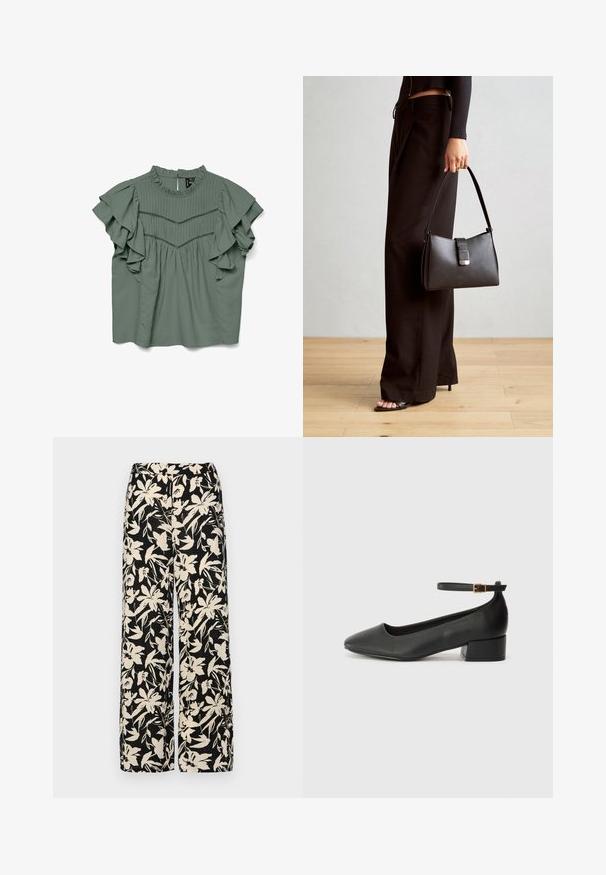 Groene blouse met korte mouwen, voorzien van gerimpelde mouwen, een geplooid ontwerp en een ronde halslijn. Zacht materiaal met een ontspannen pasvorm.; Zwarte wijde broek met een crèmekleurig bloemenpatroon. Gemaakt van lichtgewicht stof, met een zachte textuur en een hoge tailleband.; Zwarte leren pump met een spitse neus en een lage blokhak. Beschikt over een enkelband met een goudkleurige gespsluiting. Gladde textuur.; Zwarte handtas met gestructureerde vorm, gladde textuur en een metalen sluiting. Gecombineerd met brede zwarte broeken en sandalen met open teen op een houten vloer.