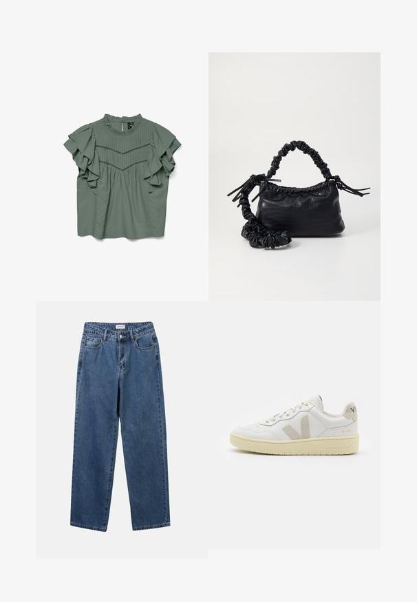 Zelena bluzica s kratkimi rokavi, ki ima nabrané rokave, nabrano obliko in okrogel izrez. Mehka tkanina z udobnim krojem.; Klasične modre jeans hlače s ravnim krojem, petimi žepi in gumbom za zapiranje. Imajo srednje pranje in trdno teksturo.; Bela usnjena tenisača z bež semiš poudarki, perforiranim prednjim delom, ravnimi vezalkami in strukturiranim kremnim podplatom. Ima diskretno blagovno znamko na peti.; Črna torbica iz umetnega usnja s krokodilovo teksturo, z zvitim vrhom in zmečkano naramico. Zdi se mehka in kompaktna v oblikovanju.
