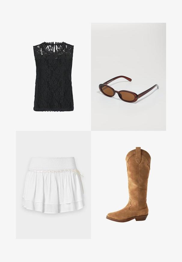 Zwarte kant sleeveless top met bloemenpatroon, een gegolfde halslijn en een keyhole achterkant. Lichtgewicht stof met een textuurafwerking.; Witte, gelaagde rok met een elastische tailleband, voorzien van een gestructureerde smockdetail en een decoratieve lintaccent. Katoenen stof.; Bruine suede kniehoge laars met een puntige neus, gebogen bovenrand en kleine hak. Beschikt over decoratieve stitching langs de zijkanten.; Ronde, bruin getinte zonnebril met een glanzend bordeauxrood frame. Slanke pootjes met subtiele merkdetails. Vlakke lensontwerp.