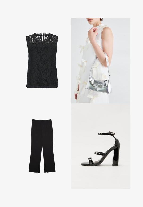 Crna čipkasta bluzica bez rukava s cvjetnim uzorkom, valovitim dekolteom i izrezom na leđima. Lagani materijal s teksturiranim završetkom.; Crne hlače ravnog kroja, s prednjim džepovima i bočnim prorezima na rubu. Izrađene od mekog i glatkog materijala. Pogodne za razne prigode.; Crne lakirane sandale na pete sa kvadratnim nosom, trakama oko gležnja i srebrnim kopčama. Imaju čvrst blok petu za stabilnost.; Srebrna metalik torbica sa strukturiranim oblikom, s gornjom drškom i detaljem mašne sprijeda. Glatka tekstura, reflektirajući finiš.