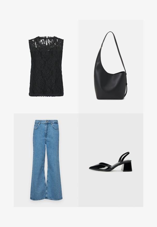 Črna čipkasta brezrokavnik s cvetličnim vzorcem, zobičastim ovratnikom in ključavnico na hrbtni strani. Lahka tkanina z teksturiranim finišem.; Svetlo modri razširjeni džins hlače iz denima, z visokim pasom, petimi žepi in enim gumbom za zapiranje. Mehka tekstura z blagim zbledelim videzom.; Črne lakirane slingback pete s koničastim nosom in geometrijsko blokasto peto. Imajo eleganten, minimalističen dizajn in gladko teksturo.; Črna usnjena hobo torba z gladko teksturo, ukrivljeno obliko in eno nastavljivo naramnico; ima širok odprtina na vrhu.