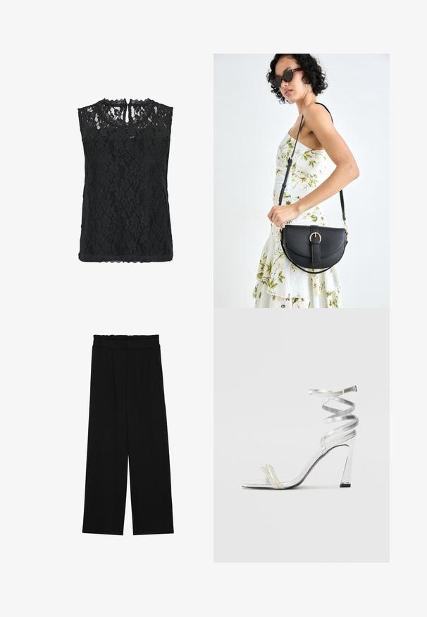 Top din dantelă neagră fără mâneci, cu un model floral, decolteu cu margini ondulate și spate cu deschidere tip clepsidră. Material ușor cu un finisaj texturat.; Pantaloni largi negri cu un tiv volant, cu două buzunare laterale și un material neted, ușor. Fără modele vizibile sau accesorii.; Sandale argintii cu toc înalt, cu un design strălucitor al baretei, având un accent asemănător unei perle și o curea spiralată pentru prindere sigură.; Geantă din piele neagră, cu o formă curbată, curea detașabilă și accesorii aurii. Geanta are un capac cu un detaliu tip cataramă.