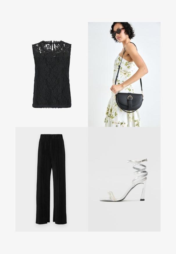 Mustalane varrukateta topp lillemustriga, lõhiku seljaga ja servad on kumerad. Kerge kangas tekstuuriga viimistlusega.; Mustad pleekitud püksid elastse vöökohtaga. Omavad laiad jalad ja sujuvat, tekstureeritud kangast vertikaalsete triipudega.; Hõbedased kõrge kontsaga sandaalid läikiva rihma disainiga, millel on pärlilaadne aktsent ja keerduv pahkluu rihm turvaliseks sobivuseks.; Mustmust mustraha kõverate joontega, eemaldatava rihmaga ja kuldsete detailidega. Kotil on klapp, millel on pandladetail.