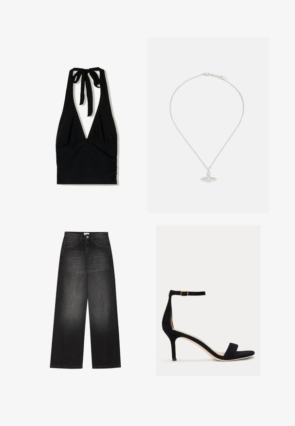 Fekete pántos top mély V-kivágással, nyakán megkötött pántokkal és redőzött részletekkel a deréknál, sima anyagból készült.; YOURTURN UNISEX - Túlméretezett farmernadrág - black denim; Lauren Ralph Lauren ALLIE MID HEEL SUEDE SANDAL - Szandálok - black; Ezüst nyaklánc, finom lánccal és ovális medállal, amely bonyolult részletekkel és egy kis drágakő kiemeléssel rendelkezik.