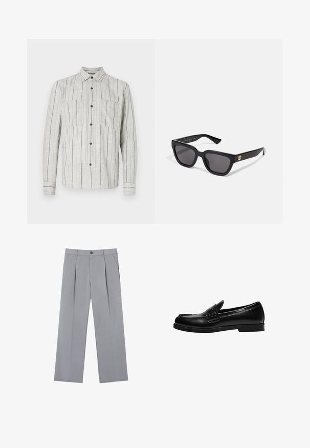 Világosszürke, hosszú ujjú ing, textúrált anyagból, sötétkék függőleges csíkokkal, két mellzsebbel és sötét gombokkal.; Szürke, lazább fazonú, pliszírozott nadrág, könnyű anyagból készült. Elöl zsebekkel és gombos derékkal rendelkezik.; Fekete bőr loafer sima felülettel, a vamp-on varrási részlettel és alacsony, szilárd fekete gumitalppal.; Fekete, fényes felületű, téglalap alakú napszemüveg sötét lencsékkel, arany színű fémrészekkel a szárakon, amelyeken a logo található.