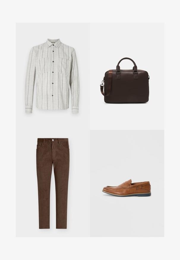 Cămașă lungă cu mânecă, de culoare gri deschis, confecționată dintr-un material texturat, cu dungi verticale bleu marin, având două buzunare pe piept și nasturi închisi la culoare.; Pantaloni de corduroy maro, cu croială dreaptă, având închidere cu nasture, buzunare frontale și textură verticală cu arcuri pe toată suprafața.; Mocasini din piele maro cu vârf rotund, accente cusute și talpă joasă din cauciuc. Designul include o bandă pe partea superioară.; Geantă pentru laptop din piele maro cu o suprafață texturată, mânere superioare duale, curea ajustabilă și două catarame frontale pentru un detaliu suplimentar.