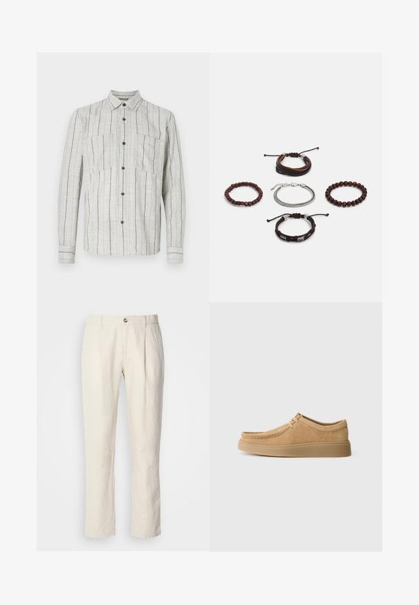 Valkoinen pitkähihainen paita, joka on valmistettu tekstuuripinnoitteisesta kankaasta ja jossa on tummansinisiä pystysuoria raitoja. Paidassa on kaksi rintataskua ja tummat napit.; Beige suorat lahkeet housut, joissa on nappisuljenta, vyölenkit ja etupleatsit.; Vaaleanruskeat nubuck-nauhakengät, joissa on pyöreä kärki, ommeltu yksityiskohta ja litteä kumipohja, jotka esittelevät sileää pinnan rakennetta.; Setti viiden rannekorun, joissa on ruskeaa nahkaa, puuhelmiä ja hopeaketju; vaihteleva tekstuuri ja muoto, säädettävillä sulkimilla.