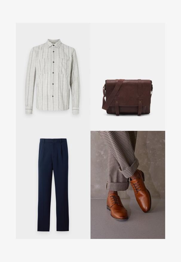 Svijetlo siva majica dugih rukava izrađena od teksturirane tkanine s tamnoplavim vertikalnim prugama, s dva džepa na prsima i tamnim dugmadi.; Tamnoplave hlače od glatkog materijala, s jednim gumbom za zatvaranje, nabranim detaljima i ravnim nogavicama. Minimalistički dizajn bez istaknutih uzoraka.; Smeđe kožne cipele imaju zaobljen vrh, pet rupa za vezivanje i kontrastne tamne vezice. Hlače su karirane i podvrnute na rubovima.; Smeđa kožna torba za messenger s ravnim prednjim poklopcem, dva remena, zlatnim hardverskim detaljima i podesivim remenom za rame.