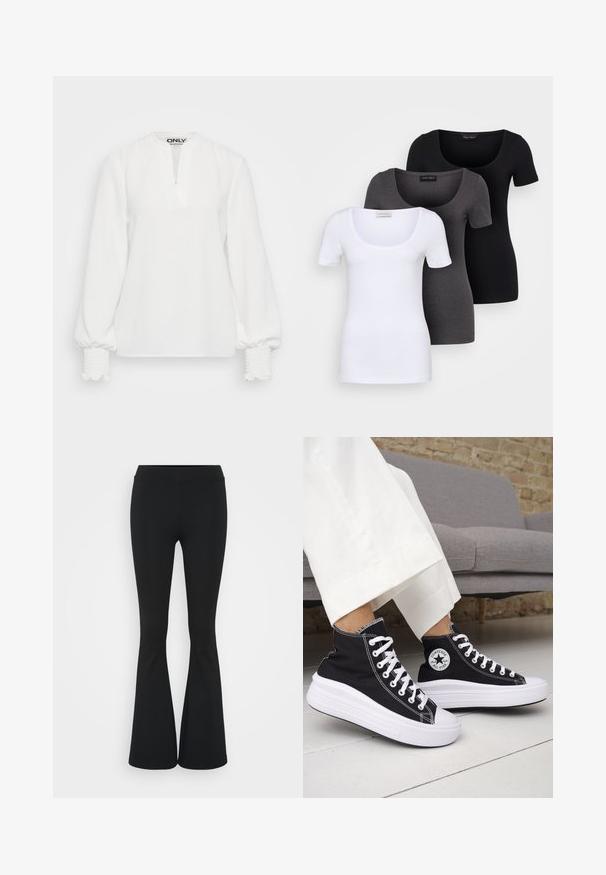White long-sleeve top with a placket neckline, textured fabric, and gathered elastic cuffs. Simple, relaxed fit. Brand label "ONLY" visible inside.; Three fitted T-shirts in white, gray, and black. Each features a wide scoop neckline and short sleeves. Made from smooth, stretchy fabric.; Black flared pants made of stretchy fabric, featuring a high waistband and a smooth texture. The pants flare out from the knee.; Black high-top sneakers with white rubber soles and laces. Features a round logo patch and contrasting white stitching. Canvas material.
