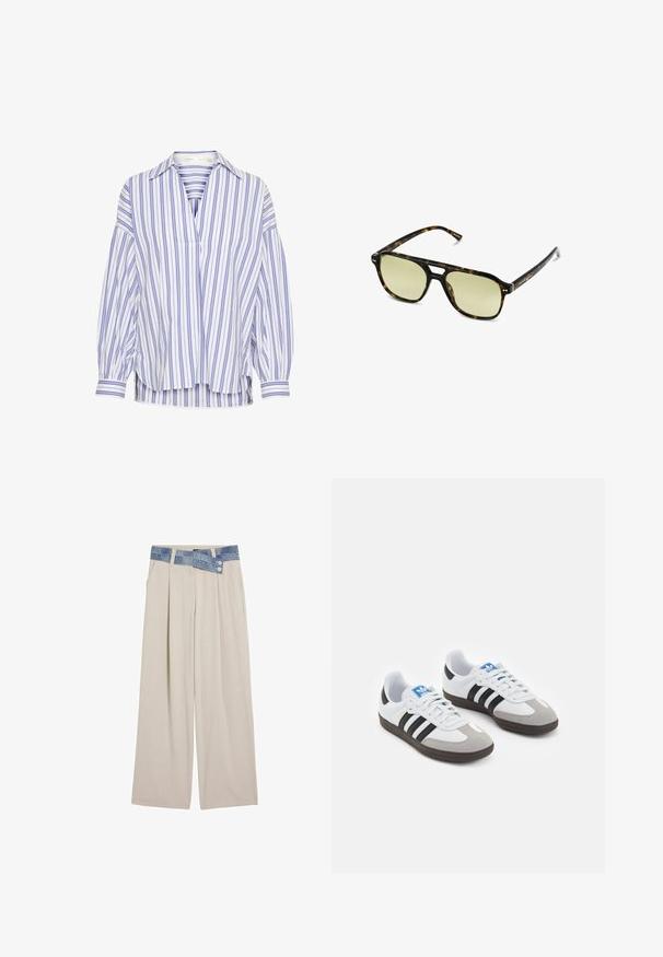Blusa a righe blu e bianche, con colletto, maniche lunghe a sbuffo e un design leggermente svasato con un orlo leggermente accorciato.; Pantaloni larghi beige chiaro con vita in denim, caratterizzati da due bottoni e dettagli plissettati sul davanti. Tessuto morbido e vestibilità rilassata.; Scarpe sportive con tomaia in pelle bianca, punta in suede grigia e tre strisce nere. Presentano un logo blu sulla linguetta e una suola in gomma testurizzata.; Occhiali da sole tartaruga con forma rettangolare, lenti con tonalità verde e montatura in acetato decorata. Presentano dettagli metallici vicino alle lenti.
