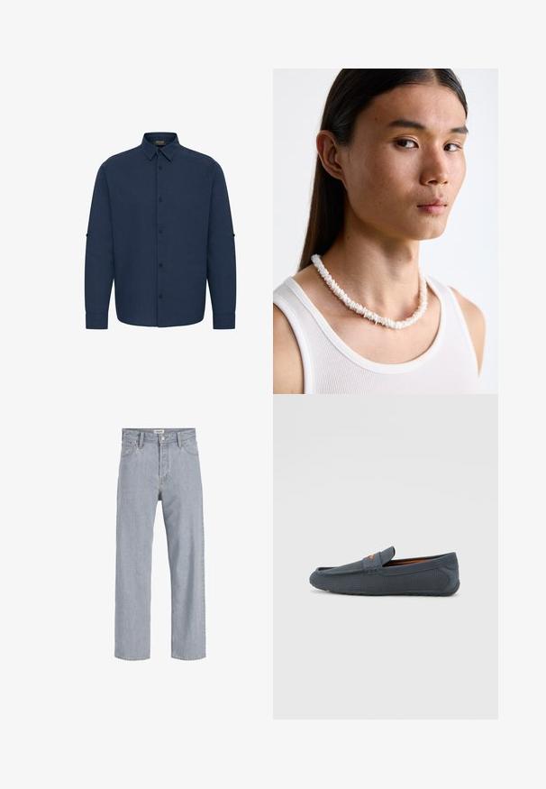 Temno modra srajca z dolgimi rokavi z gumbastim ovratnikom, sprednjimi gumbi in zanko za zavihke rukavov. Iz teksturirane tkanine.; Svetlo modri kavbojki s sproščenim krojem, naravnost oblikovani nogi, vidnimi šivi, dvema sprednjima žepoma in gumbnim zapiranjem.; Sive perforirane loferice z običajnim zapiranjem, ki imajo oranžen akcent, okroglo konico in teksturiran gumijast podplat.; Bela ogrlica iz školjki, sastavljena od nepravilnih oblika, nošena preko pripijenog bijelog topa. S smooth teksturom i suptilnim sjajem, blisko prilagođenog dizajna.
