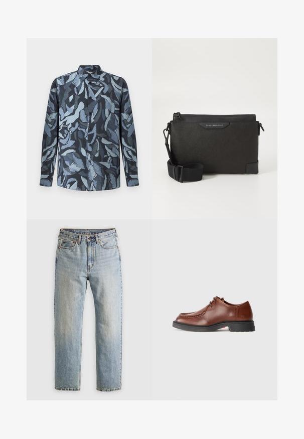 Langemouwen shirt van zachte stof met een donkerblauwe basis en abstracte lichtblauwe blaadjespatronen, knoopsluiting aan de voorkant en een kraag.; Lichtblauwe denim jeans met hoge taille, frontknop, rits en vijfzakkenontwerp, plat gelegd op een neutrale achtergrond.; Bruine leren dresschoen met een ronde neus, contrasterende stiksels, vetersluiting en een gestructureerde zwarte rubberen zool.; Zwarte leren schoudertas met een getextureerd oppervlak, voorzien van een ritssluiting en een verstelbare schouderband. Logo label aan de voorkant. Rectangulaire vorm.