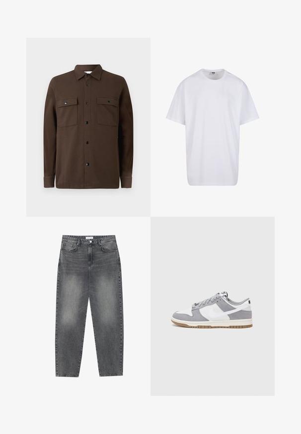 Rjava srajca z gumbi, izdelana iz tkanine, z dvema žepoma na prsih, črnimi gumbi, ovratnikom ter dolgimi rokavi z gumbnimi manšetami.; Bela bombažna majica s kratkimi rokavi, okroglim izrezom, sproščenim krojem in brez vidnih logotipov ali vzorcev. Gladka tekstura in minimalen dizajn.; Visoko pasovi, široke kavbojke iz obledelog črnega denima. Imajo pet žepov, zanke za pas in čisto, ravno obliko nog. ; Sive in bele teniske s suknim in usnjem zgornjim delom, zaobljenim nosom, ravnimi vezalkami in gumijastim podplatom z dodatkom gumijaste barve.