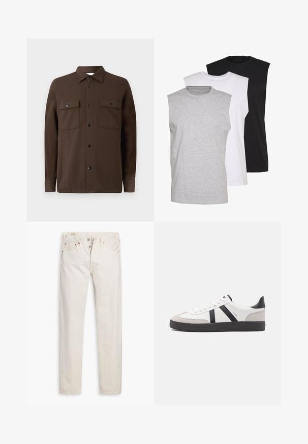 Rjava srajca z gumbi, izdelana iz tkanine, z dvema žepoma na prsih, črnimi gumbi, ovratnikom ter dolgimi rokavi z gumbnimi manšetami.; Tri brezrokavne majice v sivi, beli in črni barvi. Mehka bombažna tkanina s krojnim ovratnikom in sproščenim fit. Enostavna zasnova, brez vzorcev.; Off-white visoke uske kavbojke s gumbom za zapenjanje, pet žepov in bakrenimi zakoviki, razporejene na belem ozadju.; Bela športna obutev z črnimi in sivo akcenti, z teksturirano sivo kapico za prste, črnim gumijastim podplatom in ravnimi belimi vezalkami. Čista zasnova, minimalistični slog.