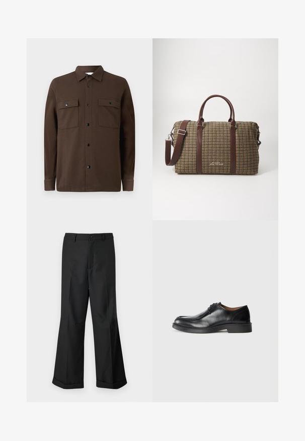 Hnědá košile na knoflíky vyrobená z látky, se dvěma náprsními kapsami, černými knoflíky, límcem a dlouhými rukávy s manžetami na knoflíky.; Černé kalhoty s širokými nohavicemi, s páskem na knoflíky a zakončením nohavic do manžet, vystavené na čistém bílém pozadí.; Černé kožené společenské boty s kulatou špičkou, hladkým povrchem, tkaničkovými detaily a nízkou, hrubou gumovou podrážkou. Čisté linie a minimalistický design.; Les Deux Taška na víkend - sand