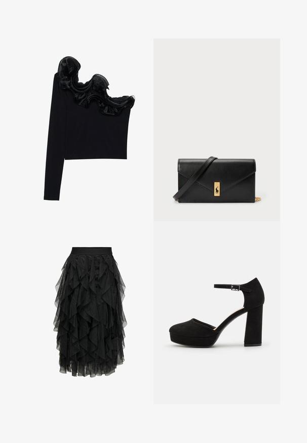Zwarte tops met één schouder, voorzien van een ruffled doorzichtige overlay langs de halslijn, gemaakt van lichtgewicht stof met een gladde textuur.; Zwarte midi-jurk gemaakt van gelaagd tule met een ruchesontwerp. Heeft een elastische tailleband. Transparante stof voegt textuur en beweging toe.; Zwarte suède plateauhakken met een dikke blokhak, ronde neus en enkelbandje dat is beveiligd met een metalen gesp. Zachte textuur overal.; Zwarte leren portemonnee met een opklapbare flap, gouden hardware en een logo-accent. Inclusief een afneembare strap voor het dragen.