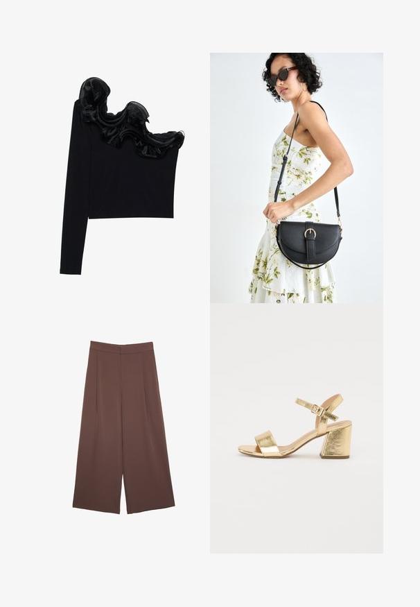 Schwarzes Top mit einem Schulterträger, das mit einem rüschenartigen, transparenten Überzug entlang des Ausschnitts versehen ist, aus leichtem Material mit glatter Textur gefertigt.; Braune Weite-Leg-Hosen mit einer glatten Textur, hoher Taille und Vorderfalten. Der Stoff ist leicht und fällt locker.; Goldfarbene, metallische High-Heel-Sandalen mit einem klobigen Absatz, offenen Zehen und Knöchelriemen. Glatte Textur und minimalistisches Design.; Schwarze Lederhandtasche mit geschwungener Form, abnehmbarem Tragegurt und goldenen Beschlägen. Die Tasche verfügt über einen Deckel mit einer Schnallen-Details.
