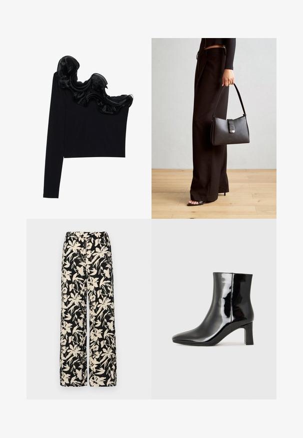 Black one-shoulder top featuring a ruffled sheer overlay along the neckline, made from lightweight fabric with a smooth texture.; Black wide-leg pants with a cream floral pattern. Made of lightweight fabric, featuring a smooth texture and a high waistband.; Black patent leather ankle boot with a pointed toe and a mid-height block heel. Smooth texture and minimalist design.; Black handbag with structured shape, smooth texture, and a metallic clasp. Paired with wide black pants and open-toe sandals on wooden floor.