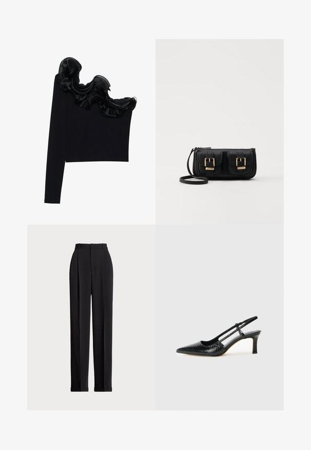 Črn top z enojnim ramenom, ki ima ruffle prosojno prevleko ob izrezu, narejen iz lahkega materiala z gladko teksturo.; Črne krojene hlače z visokim pasom, z naborki spredaj, ravnim krojem in manšetami na koncu. Narejene iz gladkega materiala.; Črne lakaste slingback pete s koničastim nosom, ki imajo teksturiran vzorec kačje kože, nastavljiv trak in kratek teksturiran blok peto.; Črna usnjena torbica čez ramo z dvema sprednjima žepoma, zlatimi zaponkami, zadrgo in ozkim pasom. Tekstura površine je strukturirana, obliko pa ima kompaktno pravokotno.