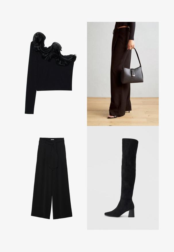 Crna bluzica s jednim ramenom koja se ističe prozračnim volanima uz dekolte, izrađena od lagane tkanine s glatkom teksturom.; Crne široke hlače od teksturirane tkanine, s elastičnom pojasom i odvojivim remenom na struku za prilagodivo pristajanje.; Crne antilop čizme do koljena s blok potpeticom, šiljastim prstom i glatkim, bešavnim dizajnom na običnoj svijetloj pozadini.; Crna torba s oblikom koji sadrži strukturu, glađu teksturu i metalnu kopču. Uparena s širokim crnim hlačama i sandalama na otvorenom s drvenog poda.