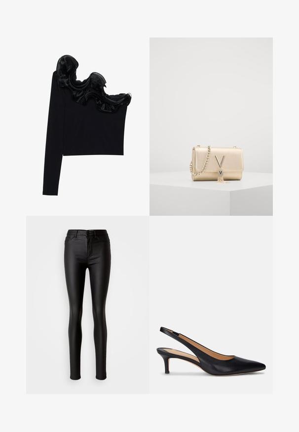 Black one-shoulder top featuring a ruffled sheer overlay along the neckline, made from lightweight fabric with a smooth texture.; Black faux leather skinny jeans with a smooth texture, high waist, button closure, and traditional five-pocket design.; Black leather slingback pump with a pointed toe, low kitten heel, and smooth texture. Features an open back design and minimal stitching details.; Gold metallic handbag with a textured finish, featuring a chain strap and a V-shaped clasp with a tassel detail. Compact rectangular shape.