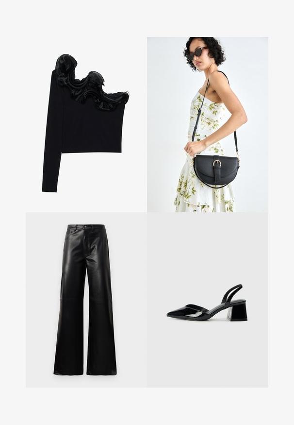 Crna bluzica s jednim ramenom koja se ističe prozračnim volanima uz dekolte, izrađena od lagane tkanine s glatkom teksturom.; Crne visoke široke hlače od umjetne kože s prednjim gumbom, zatvaranjem na zip, petljama za pojas i bočnim džepovima na bijeloj pozadini.; Crne lakirane kožne sandale s otvorenom petom i špicastim vrhom, s geometrijskom blok petom. Imaju elegantan, minimalistički dizajn i glatku teksturu.; Crna kožna torba s lukovitim oblikom, odvojivim remenom i zlatnim detaljima. Torba ima preklop s kopčom.