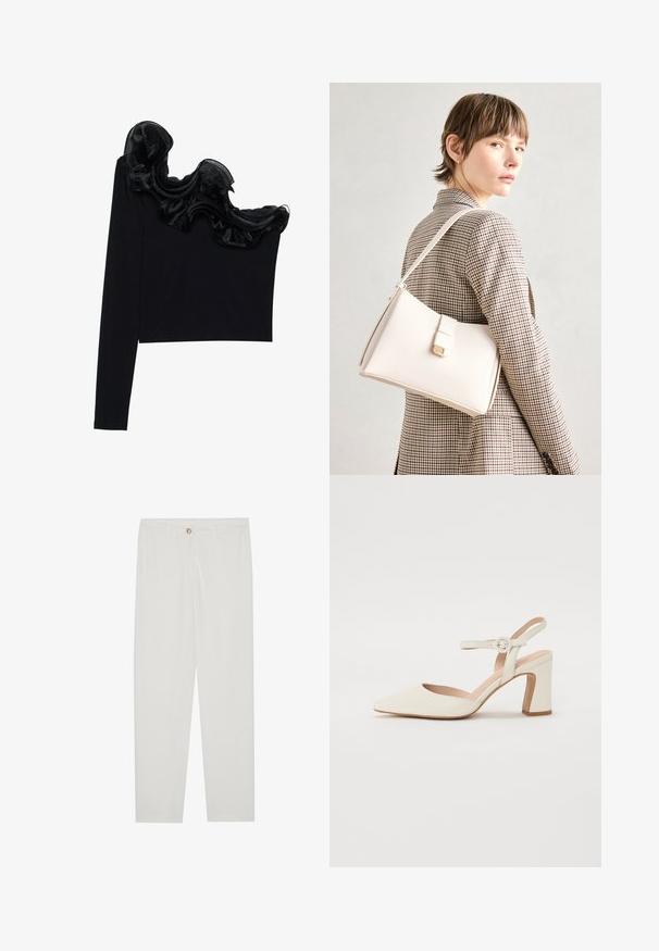 Black one-shoulder top featuring a ruffled sheer overlay along the neckline, made from lightweight fabric with a smooth texture.; White, tailored trousers with a straight leg design, featuring a button closure, belt loops, and side pockets; smooth fabric texture.; Pointed-toe, cream-colored pump with a block heel. Features a thin ankle strap with a round buckle and a smooth leather texture.; White leather handbag with a structured design, featuring a magnetic clasp and a shoulder strap, showcased against a neutral background.