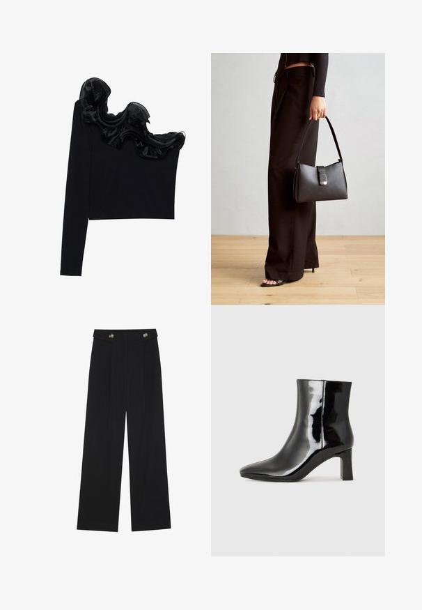 Crna bluzica s jednim ramenom koja se ističe prozračnim volanima uz dekolte, izrađena od lagane tkanine s glatkom teksturom.; Crne hlače širokih nogavica s visokim strukom, s dugmadi na pojasu i prednjim nabora.; Crne lakirane kožne gležnjače s šiljastim prstom i srednje visokom blok petom. Glatka tekstura i minimalistički dizajn.; Crna torba s oblikom koji sadrži strukturu, glađu teksturu i metalnu kopču. Uparena s širokim crnim hlačama i sandalama na otvorenom s drvenog poda.