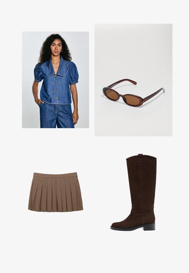 Denimbluse mit puffartigen Ärmeln, großem Kragen und sieben Knöpfen. Blaue Farbe mit sichtbaren Steppnähten und einer lockeren Passform.; Brauner gefalteter Minirock mit einem Taillenbund und subtilen Seitenlogo-Details auf einem weißen Hintergrund.; Braune Wildleder-Stiefel bis zum Knie mit runder Fußspitze, dezenten Nähten und einem niedrigen Blockabsatz; verfügen über eine Zuglasche oben für einfaches Anziehen.; Runde, braun getönte Sonnenbrillen mit einem glänzenden burgunderfarbenen Rahmen. Schlanke Bügel mit dezentem Branding. Flaches Linsendesign.; Braune, geflochtene Lederhandtasche mit einer lässigen, dreieckigen Form. Verfügt über einen geflochtenen Griff und einen Reißverschluss an der Oberseite.