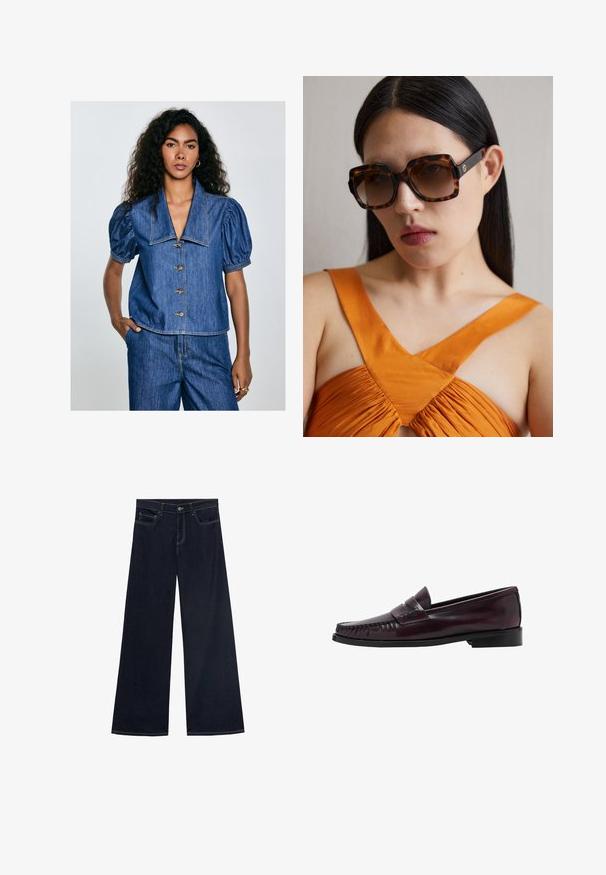 Denim blouse with puff sleeves, a large collar, and seven buttons. Blue color with visible stitching details and a relaxed fit.; Wide-leg jeans in dark blue denim with yellow stitching, five pockets, and a button closure. Smooth texture, casual design.; Men’s dark brown leather penny loafer with black sole and stitching detail along the toe, shown in side profile.; Brown tortoiseshell oversized sunglasses with a wide rectangular frame and gradient lenses. Gold logo detail on the side.